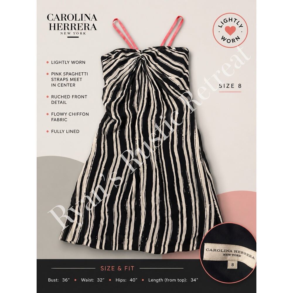 Carolina Herrera Striped Chiffon Dress Pink Straps Ruched Size 8 Lined DK - Picture 2 of 5